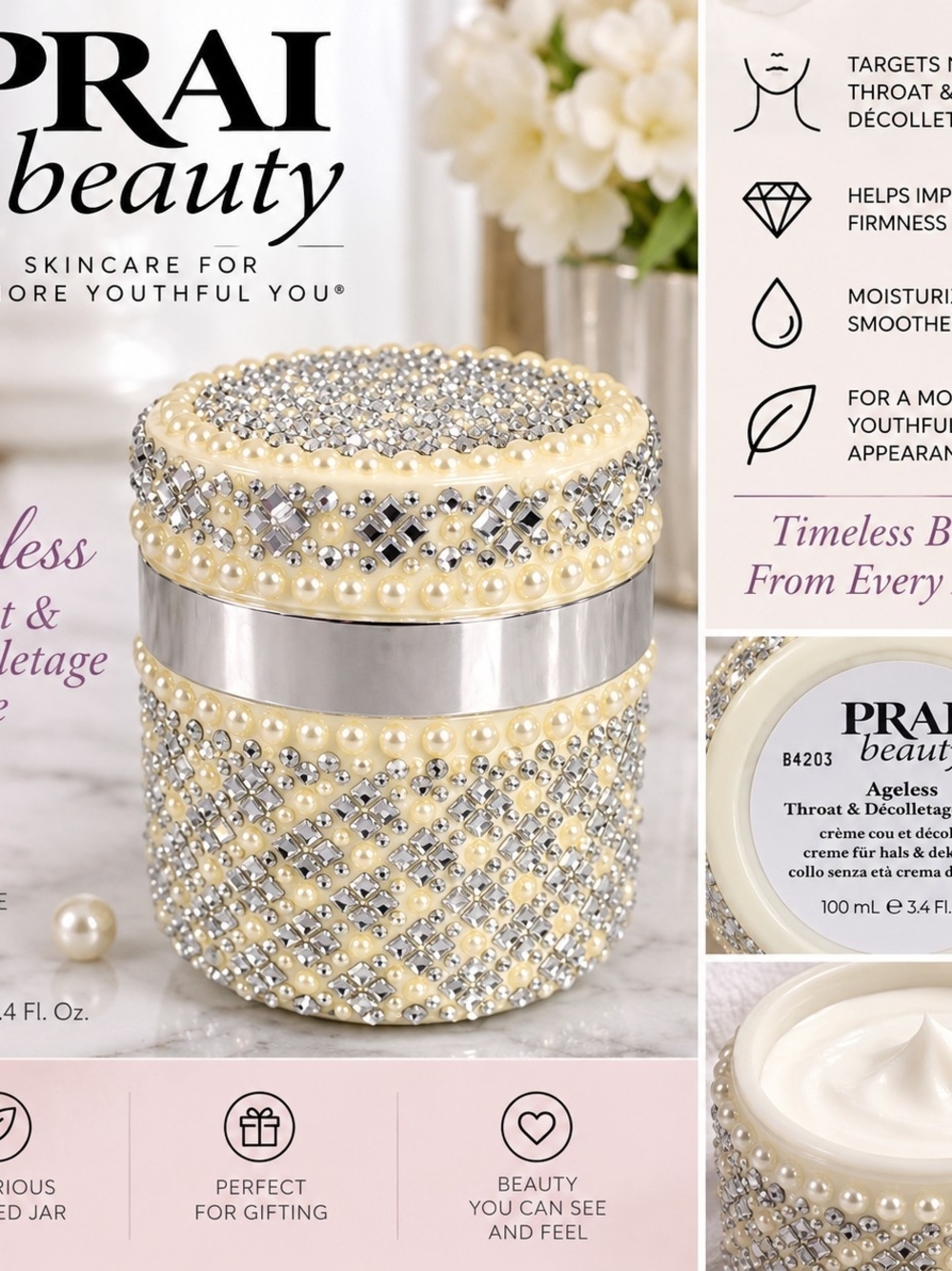 PRAI Beauty Ageless Throat & Decolletage Creme 3.4 oz Jeweled Jar